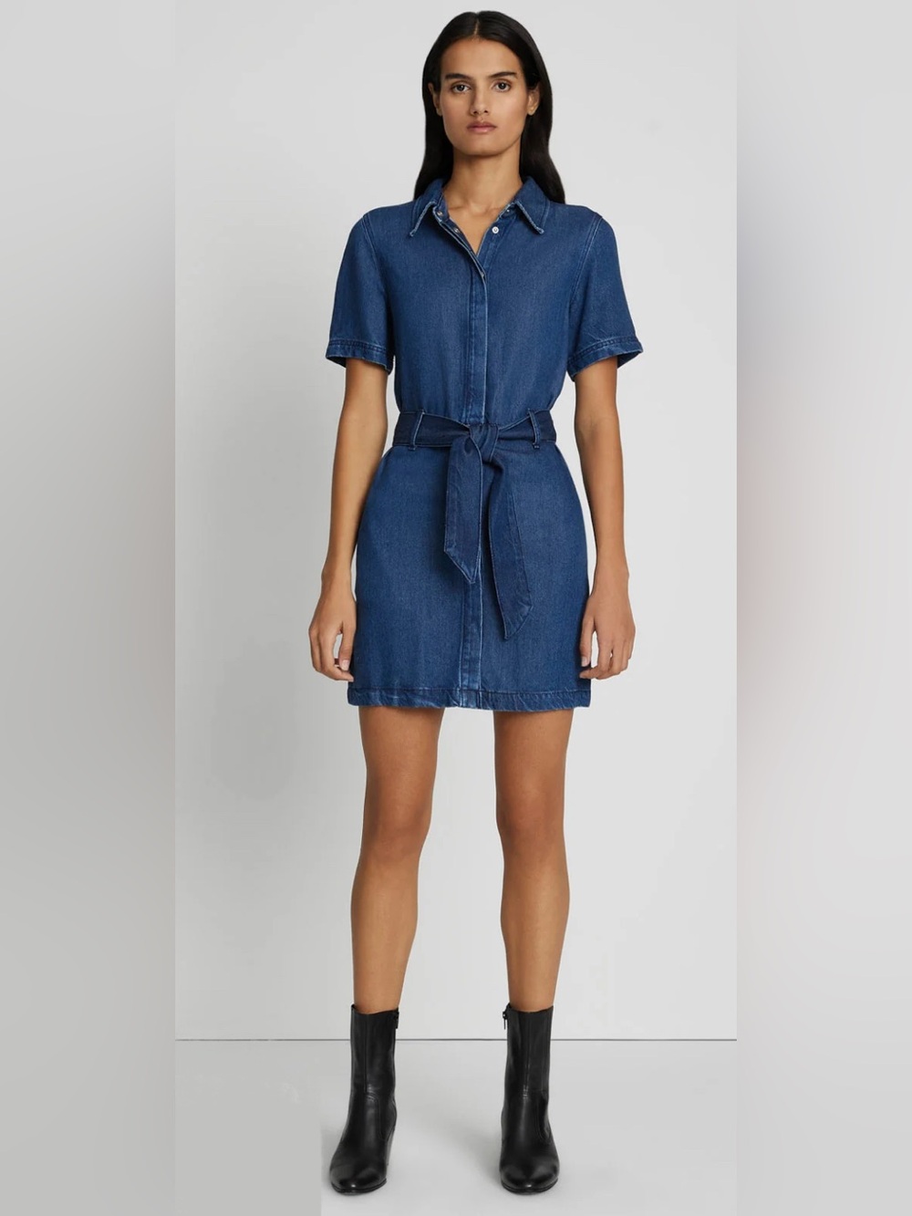 7 For All Mankind Lustre Blue Denim Button Down Shirt Dress with Tie Belt